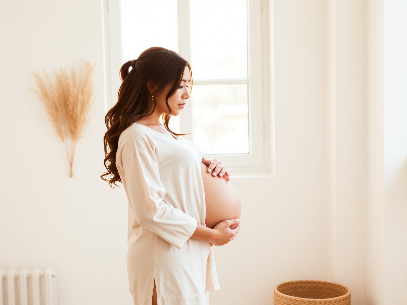 Expecting mother in cream loungewear cradling her belly