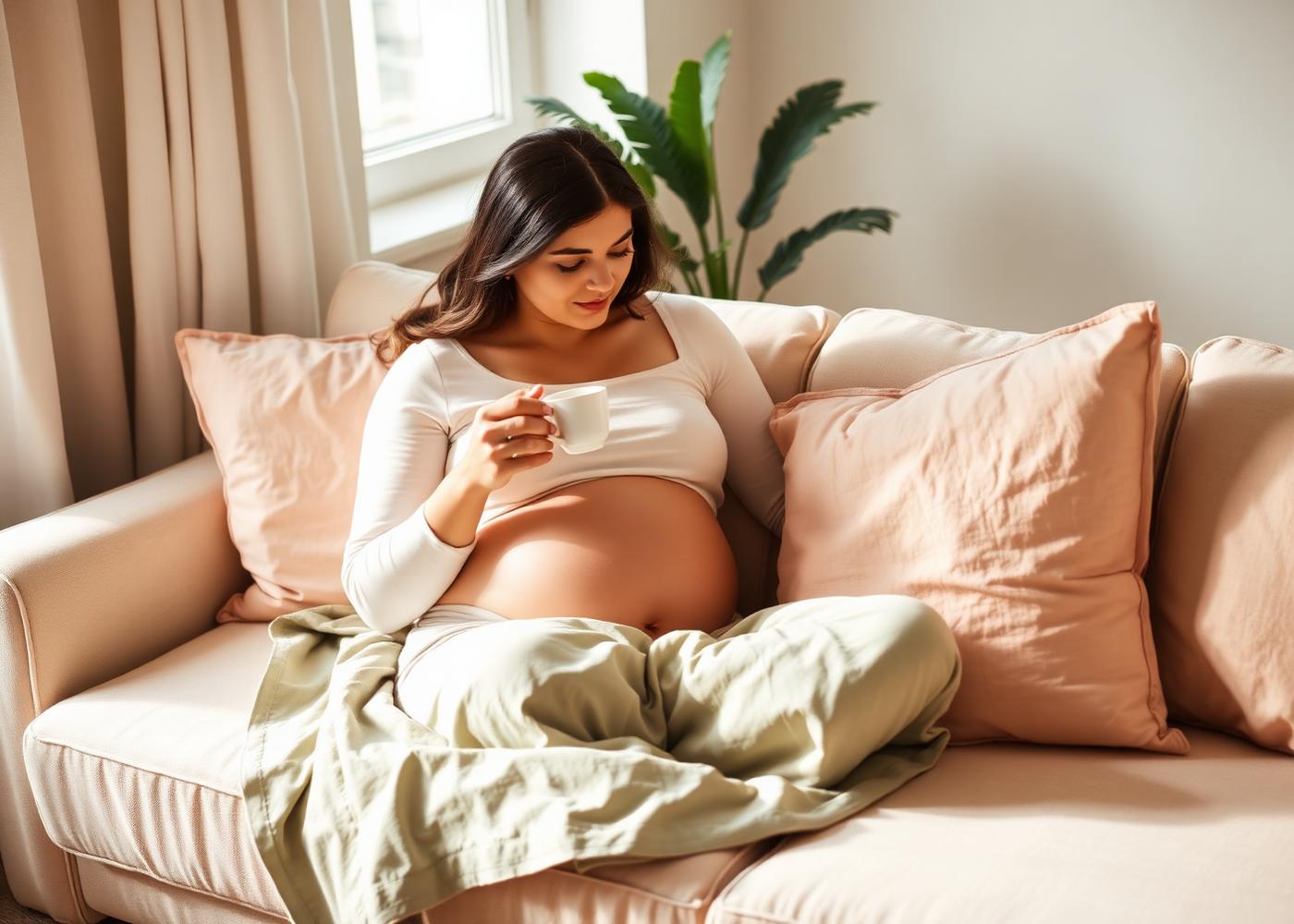 Expectant mother relaxing with tea on a soft couch