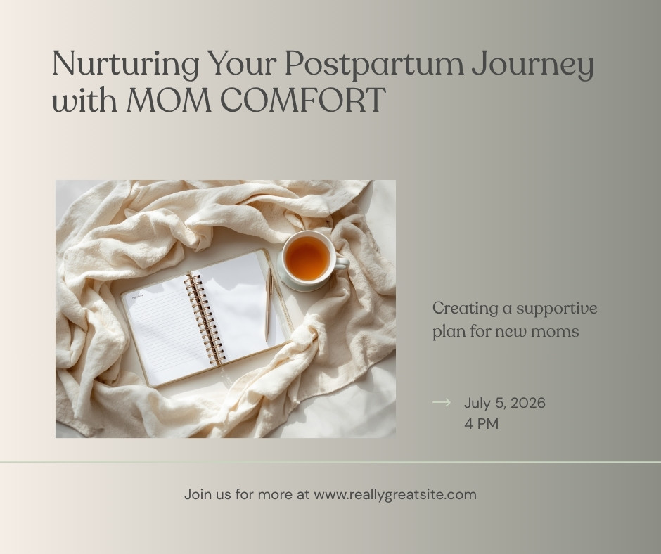 Calm flat-lay of a postpartum planning notebook, tea, and soft blanket