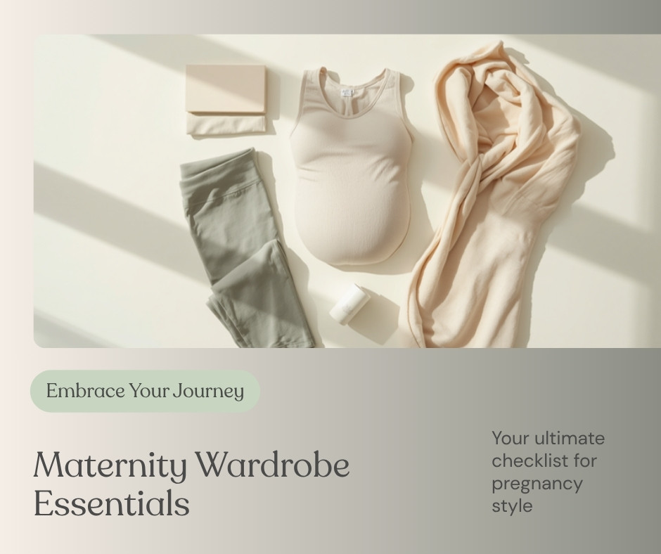 Neatly arranged maternity capsule wardrobe in soft neutral tones laid out on a bed